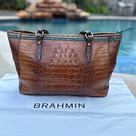 Brahmin Croc Embossed Leather Asher Handbag – Pecan – Classic Shoulder Purse - Picture 4 of 8
